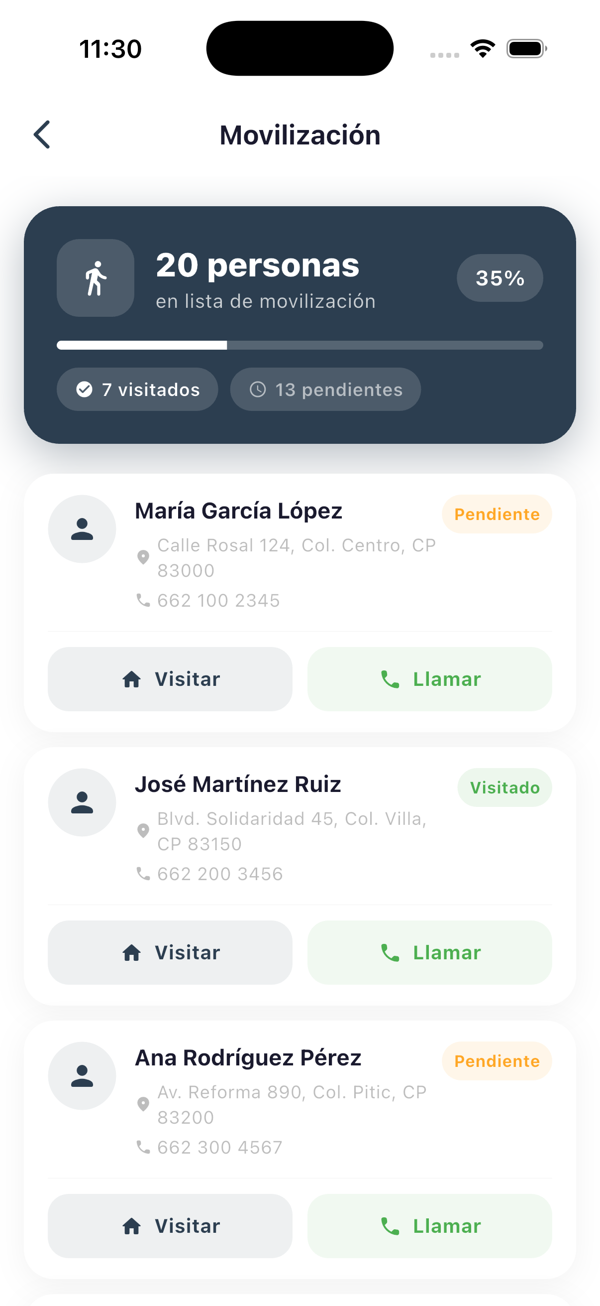 Pantalla de movilización